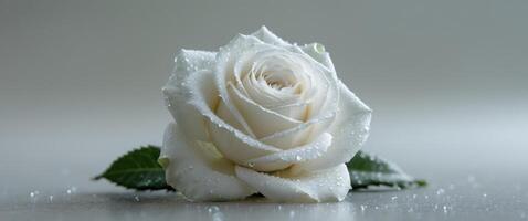 dew covered white rose exudes elegance and freshness in soft light photo