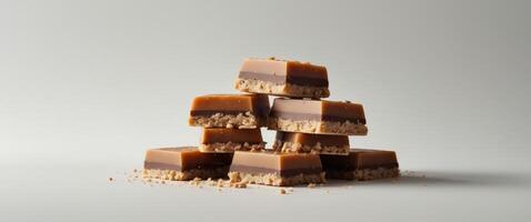 Decadent layered caramel and chocolate bars with crumbly base photo