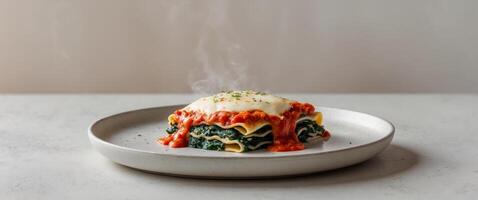 tempting serving of spinach lasagna with tomato sauce and melted cheese photo