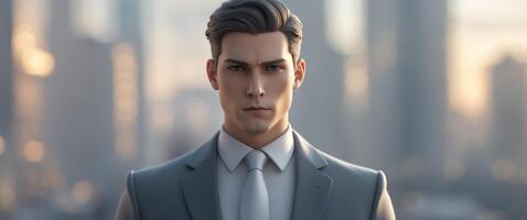 Business figure in front of cityscape neutral tones daylight. photo