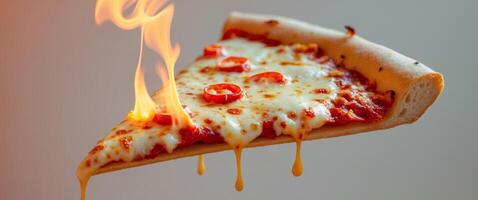 Flying pizza slice with flaming hot cheese pull on a bright orange background. photo