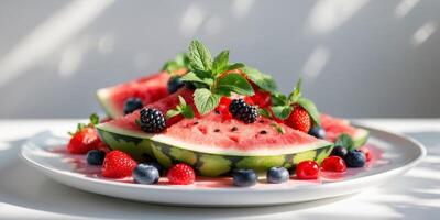 Vibrant summer fruit salad featuring watermelon berries and refreshing mint on a plate. photo