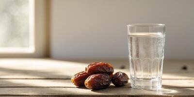 Delicious Dates and Refreshing Water on a Table Natural Light Setting Freshness Concept. photo