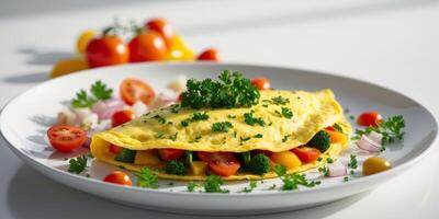 Fresh Vegetable Omelette Served on a Plate with Colorful Ingredients and Parsley Garnish photo