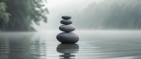 four gray stones balanced in a calm water setting symbolizing peace and serenity. photo