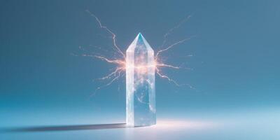 mystical crystal wand with a glowing tip on a blue background. photo