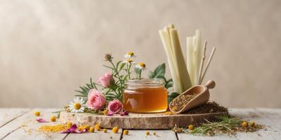 Herbal tea blend with glass jar of honey and natural dried ingredients on wooden table with rustic background. photo