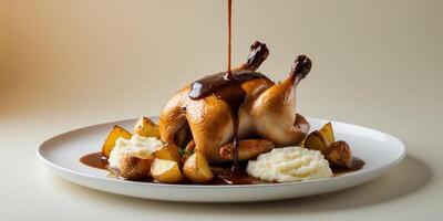 A Delicious Roasted Chicken Dinner with Mashed and Roasted Potatoes and Gravy photo