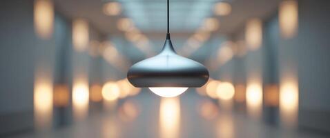 Lit pendant lamp in hallway with blurred background lights. photo