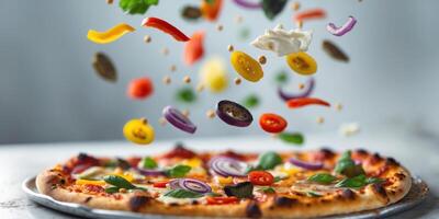 Flying toppings create a delicious spectacle above pizza base with vibrant colors and textures photo