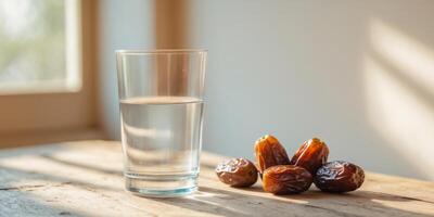 Delicious Dates and Refreshing Water on a Table Natural Light Setting Freshness Concept photo
