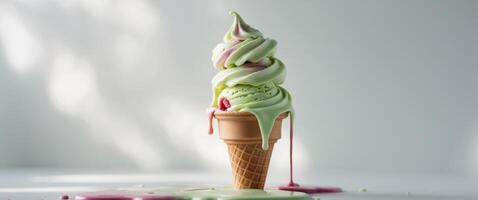 Pistachio raspberry ice cream cones on white with melting drips. photo