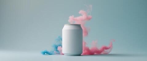 Empty white can mockup on pastel blue background with pink and blue smoke photo