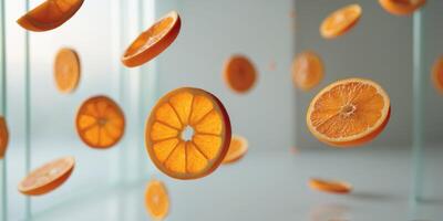 Floated slices of orange falling isolate on transparency background photo