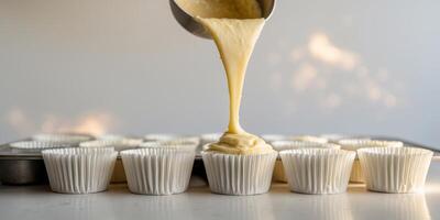 Classic Banana Cake Batter Being Poured into Cupcake Liners in a Baking Tray Ready for Oven. photo