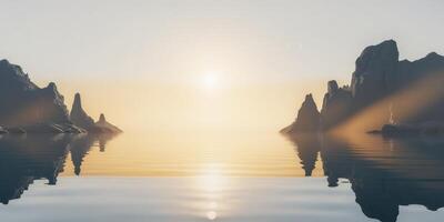 Sunset Reflection of Rocks on Calm Water Surface with Warm Golden Tones photo