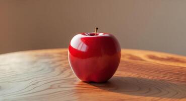 a red apple sitting on top of a wooden table photo