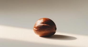 Roasted hazelnut resting on a neutral background showcasing its rich brown color and smooth texture. photo