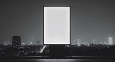 Illuminated blank billboard in urban night setting photo