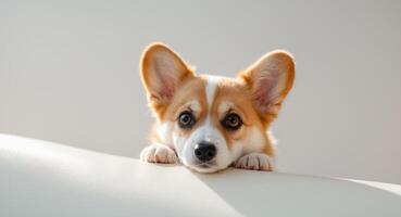 Corgi puppy peeking over surface with curious expression and big eyes. photo