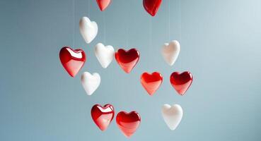 Hanging Red And White Glossy Hearts On Light Blue Background. photo