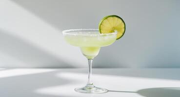 Refreshing classic margarita served in a stylish coupe glass with sea salt and lime on a bright background photo