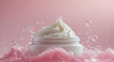 creamy texture of a facial moisturizer blends with bubbles on a pink background for skincare enthusiasts photo