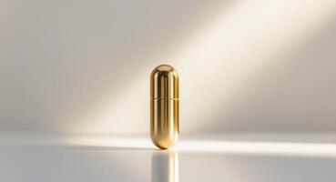 Shiny Golden Capsule on Reflective Surface with Soft Light Background for Health and Wellness Concept. photo