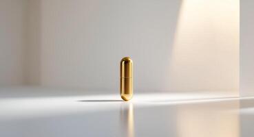 Shiny Golden Capsule on Reflective Surface with Soft Light Background for Health and Wellness Concept photo