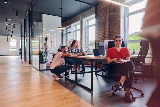 A diverse group of business professionals collaborates in a modern startup coworking center, utilizing a mix of paper-based and technological tools such as mobile phones and computers to collectively photo