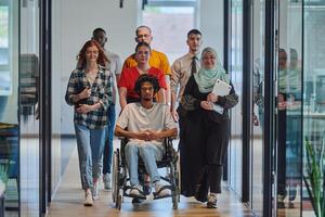 A diverse group of young business people walking a corridor in the glass-enclosed office of a modern startup, including a person in a wheelchair and a woman wearing a hijab, showing a dynamic mix of photo
