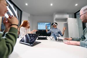 A diverse group of businessmen collaborates and tests a new virtual reality technology, wearing virtual glasses, showcasing innovation and creativity in their futuristic workspace photo