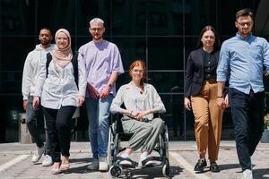 A diverse and confident group of businessmen posing together, with a businesswoman in a wheelchair radiating success, ambition, and unity, capturing the essence of a dynamic and inspiring business photo