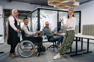 Young group of business people brainstorming together in a startup space, discussing business projects, investments, and solving challenges photo