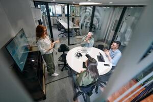 A diverse group of businessmen collaborates and tests a new virtual reality technology, wearing virtual glasses, showcasing innovation and creativity in their futuristic workspace photo