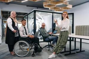 Young group of business people brainstorming together in a startup space, discussing business projects, investments, and solving challenges photo