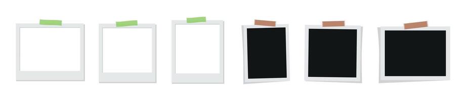 Polaroid photo frames collection. Illustrations set. Empty black photo frame mockups fixed with sticky tape vector