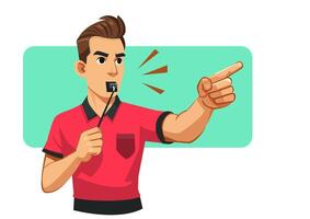 Flat illustration of a football referee blowing a whistle and pointing. vector