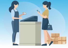 Flat illustration of customer paying by scanning from bank app. Empty background. vector