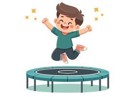 Flat style illustration of a happy boy jumping high on a trampoline with his arms raised in the air. vector