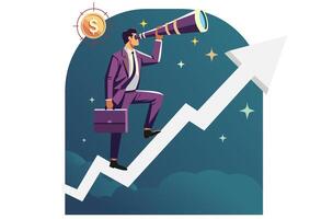 A smart business manager uses a telescope to see the future, standing on a rising arrow. vector