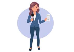 Flat illustration of a female reporter holding a microphone broadcasting a situation report. vector