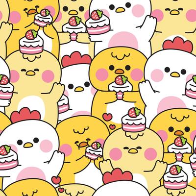 Repeat.Seamless pattern of cute chicken and hen in various poses with strawberry cake background.Sweet and dessert.Farm animal character cartoon.Image for card,sticker,baby clothing,print screen.
