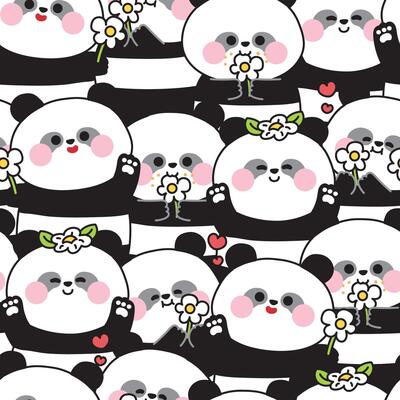 Repeat.Seamless pattern of cute panda bear in various poses with flower background.Teddy.Chinese wild animal character cartoon.Image for card,sticker,baby clothing,print screen.Kawaii.