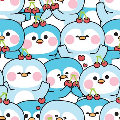 Repeat.Seamless pattern of cute penguin in various poses with cherry fruit background.Polar bird animal character cartoon.Image for card,sticker,baby clothing,print screen.Kawaii.Illustration.