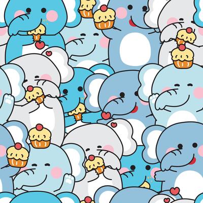 Repeat.Seamless pattern of cute elephant in various poses with cupcake background.Sweet and dessert.Wild animal character cartoon.Image for card,sticker,baby clothing,print screen.Kawaii.