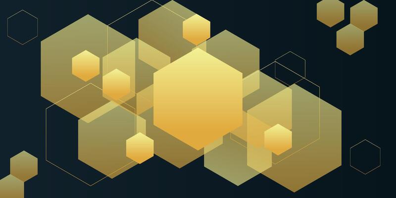 Abstract 3D background with gold color. Hexagonal pattern overlay shapes. Cool design on dark background. Eps10