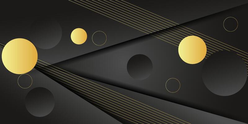 Abstract black dynamic gradient background with 3d look and simple circle pattern. Rectangle elements and gold lines. Cool and luxury design. Eps10