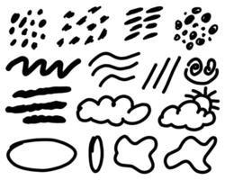 Collection of whimsical doodles including lines, clouds, and abstract shapes, perfect for enhancing graphic designs. vector