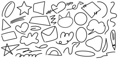 Playful hand-drawn doodles include rectangle, love, curvy line, circle, and arrow suitable for creative design projects. vector